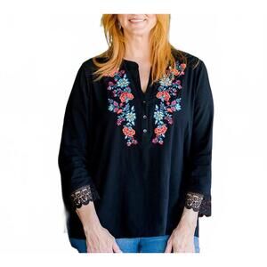 The Pioneer Woman Embroidered Floral Tunic L Large Lace Boho Sleeves